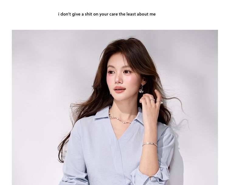 Ruched V-Neck Collared Long-Sleeve Blouse