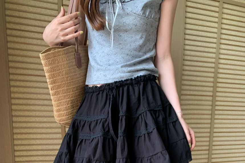 Mid Rise Plain Lace Trim Mini A-Line Skirt