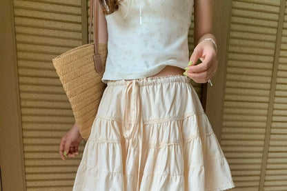 Mid Rise Plain Lace Trim Mini A-Line Skirt