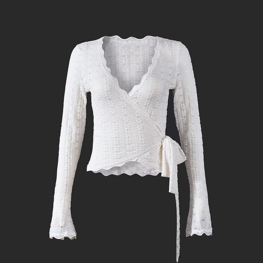 Long Sleeve V-Neck Lace Tie Waist Fitted Crop Top