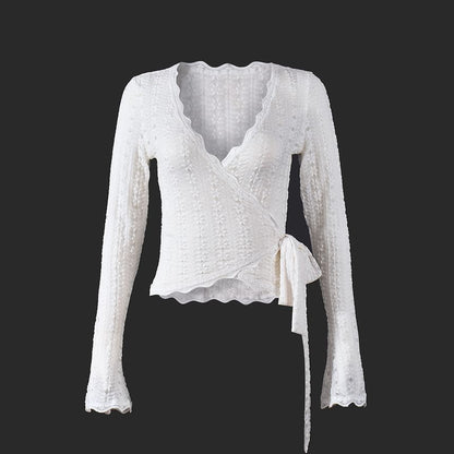 Long Sleeve V-Neck Lace Tie Waist Fitted Crop Top