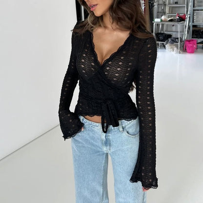 Long Sleeve V-Neck Lace Tie Waist Fitted Crop Top