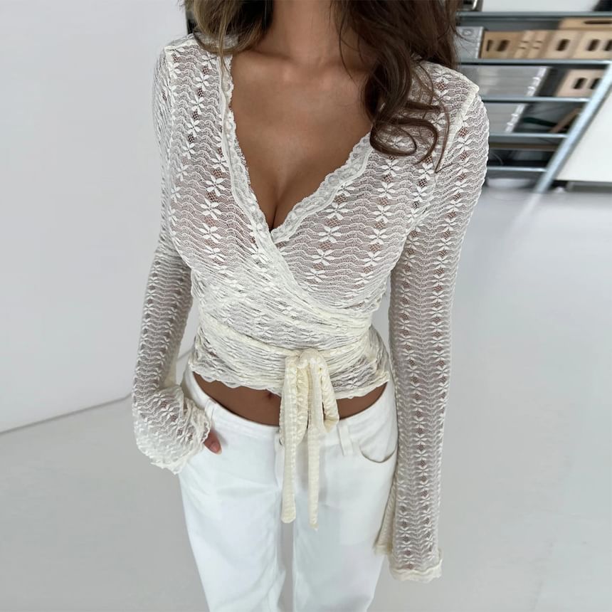 Long Sleeve V-Neck Lace Tie Waist Fitted Crop Top