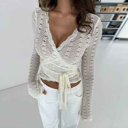 Long Sleeve V-Neck Lace Tie Waist Fitted Crop Top