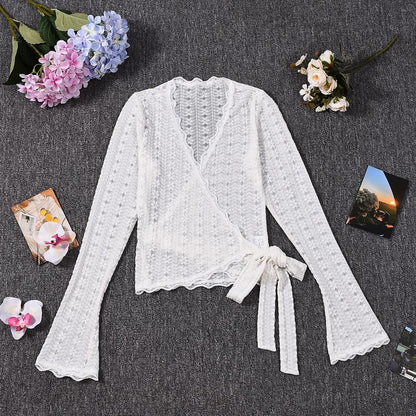 Long Sleeve V-Neck Lace Tie Waist Fitted Crop Top
