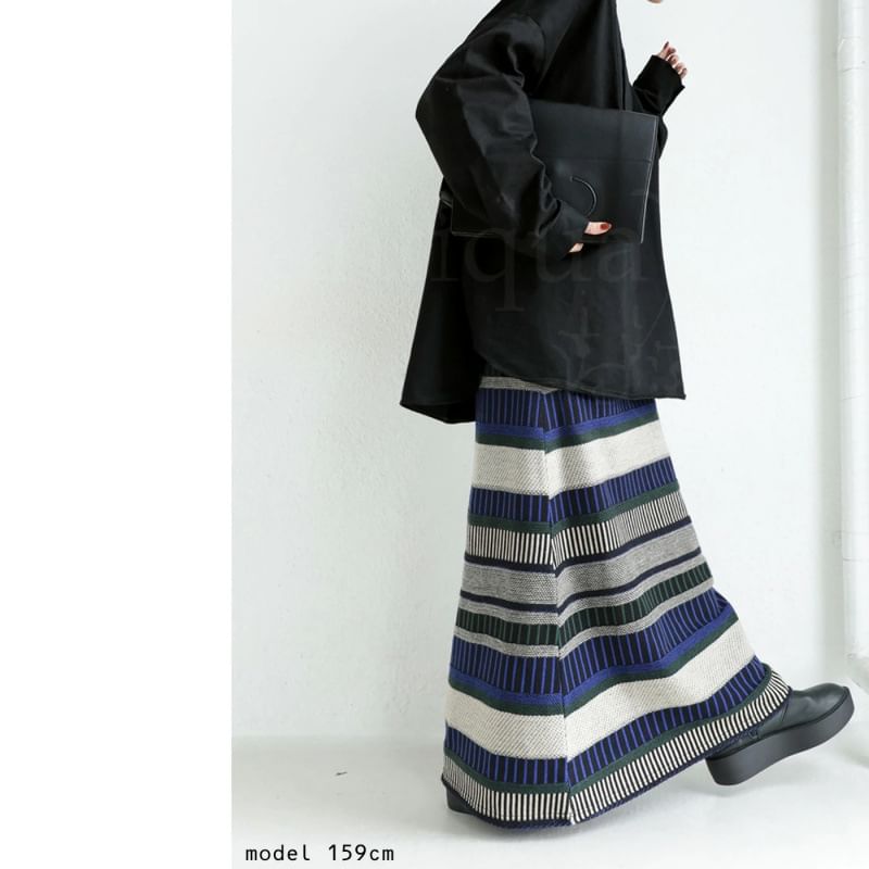 Mid Rise Striped Knit Maxi A-Line Skirt