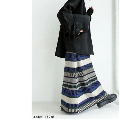 Mid Rise Striped Knit Maxi A-Line Skirt