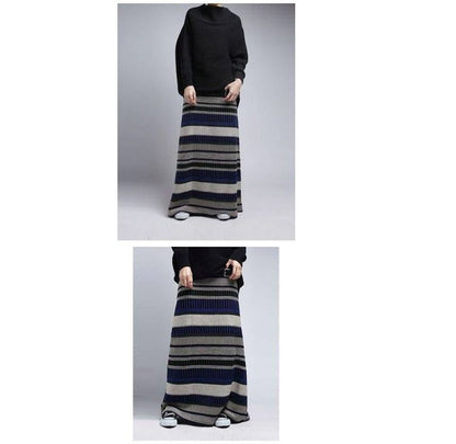 Mid Rise Striped Knit Maxi A-Line Skirt