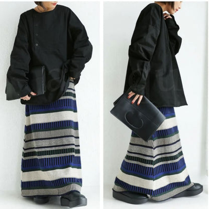 Mid Rise Striped Knit Maxi A-Line Skirt