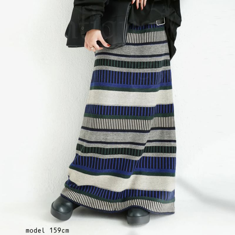 Mid Rise Striped Knit Maxi A-Line Skirt