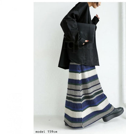 Mid Rise Striped Knit Maxi A-Line Skirt