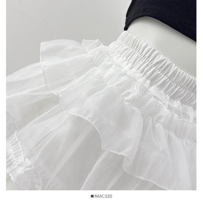 Mid Waist Sheer Mini Tiered Skirt