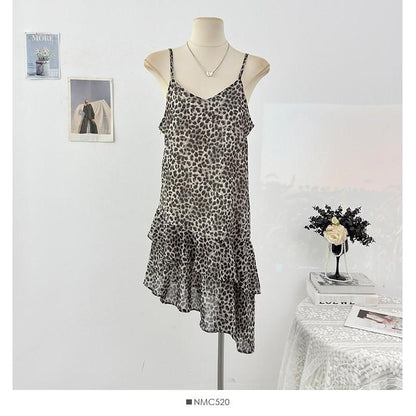 Spaghetti Strap V-Neck Leopard Print Asymmetrical Mini Dress