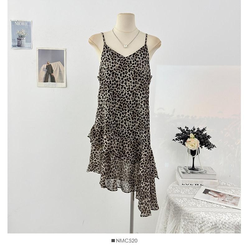 Spaghetti Strap V-Neck Leopard Print Asymmetrical Mini Dress