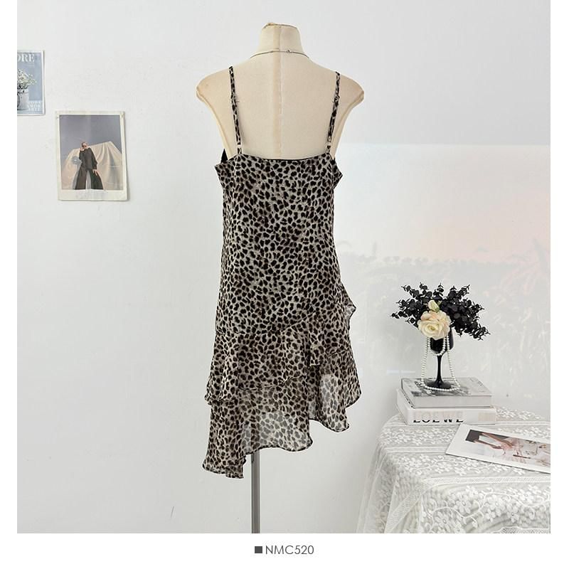 Spaghetti Strap V-Neck Leopard Print Asymmetrical Mini Dress