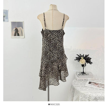 Spaghetti Strap V-Neck Leopard Print Asymmetrical Mini Dress