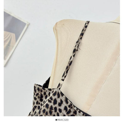 Spaghetti Strap V-Neck Leopard Print Asymmetrical Mini Dress