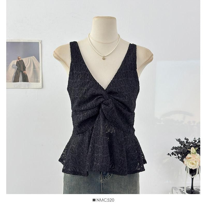 Sleeveless V-Neck Twisted Lace Top