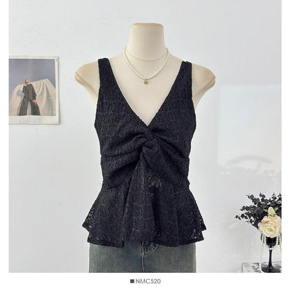 Sleeveless V-Neck Twisted Lace Top