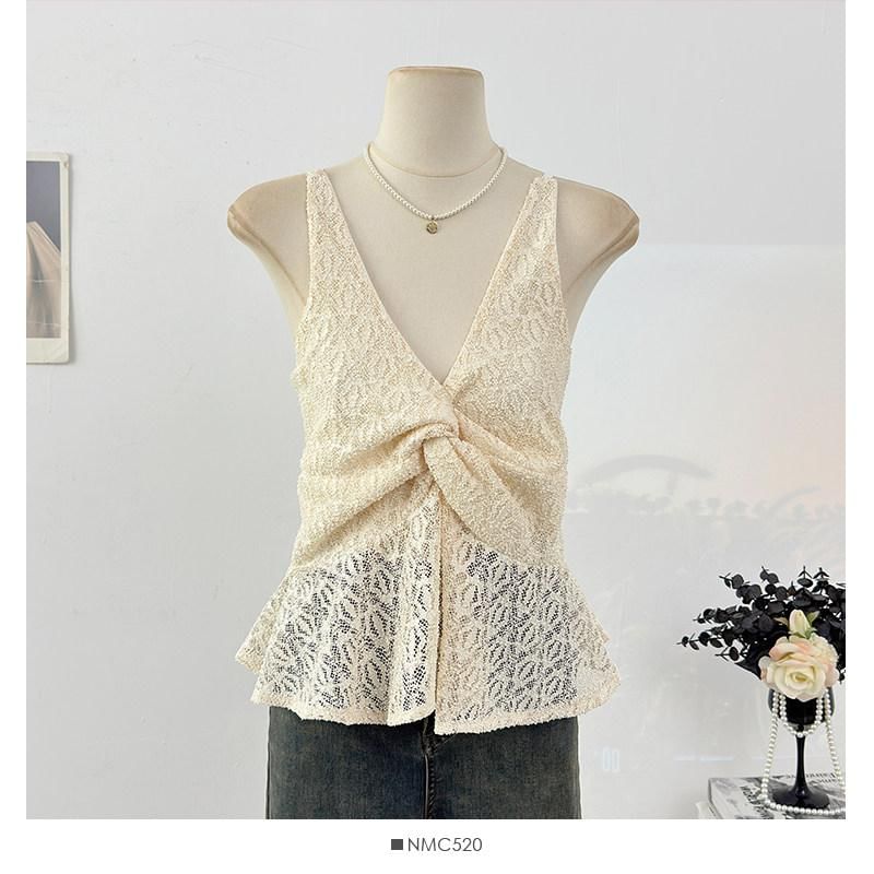 Sleeveless V-Neck Twisted Lace Top