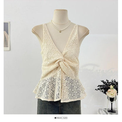 Sleeveless V-Neck Twisted Lace Top