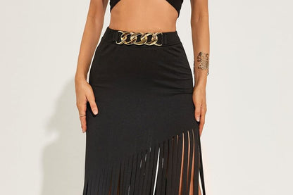 High Waist Asymmetrical Plain Fringed Mini Pencil Skirt