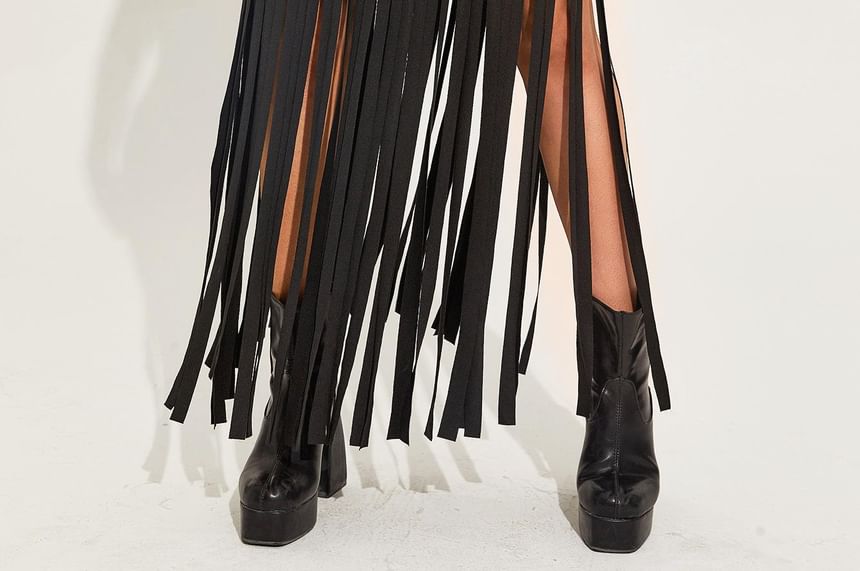 High Waist Asymmetrical Plain Fringed Mini Pencil Skirt