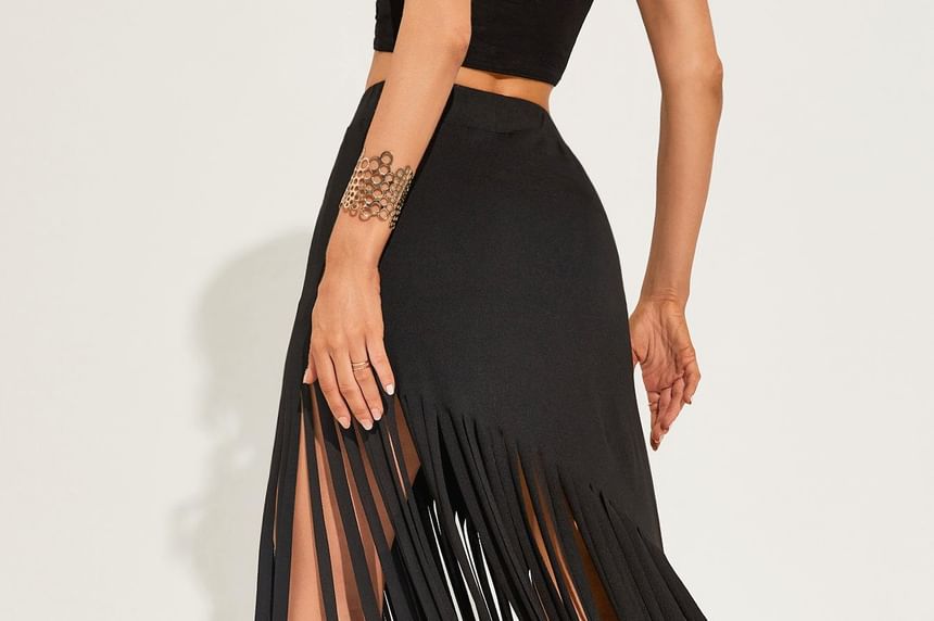High Waist Asymmetrical Plain Fringed Mini Pencil Skirt