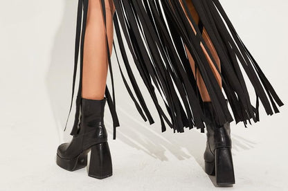 High Waist Asymmetrical Plain Fringed Mini Pencil Skirt