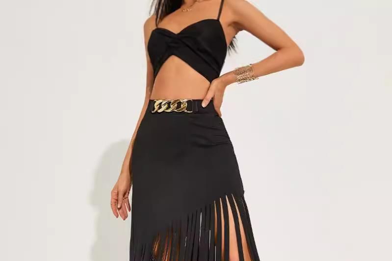 High Waist Asymmetrical Plain Fringed Mini Pencil Skirt