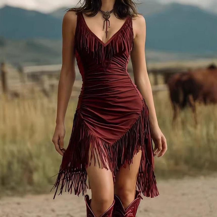 Spaghetti Strap V-Neck Plain Fringed Mini Bodycon Dress