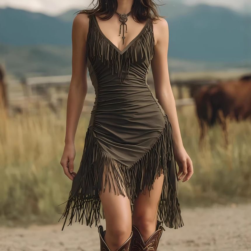 Spaghetti Strap V-Neck Plain Fringed Mini Bodycon Dress