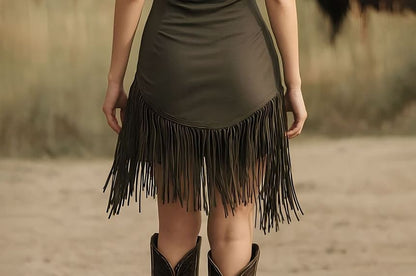 Spaghetti Strap V-Neck Plain Fringed Mini Bodycon Dress