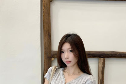 Short-Sleeve V-Neck Henley Lace Trim Plain Crop Top