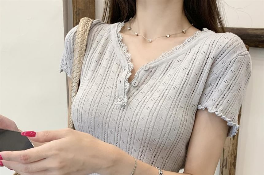 Short-Sleeve V-Neck Henley Lace Trim Plain Crop Top