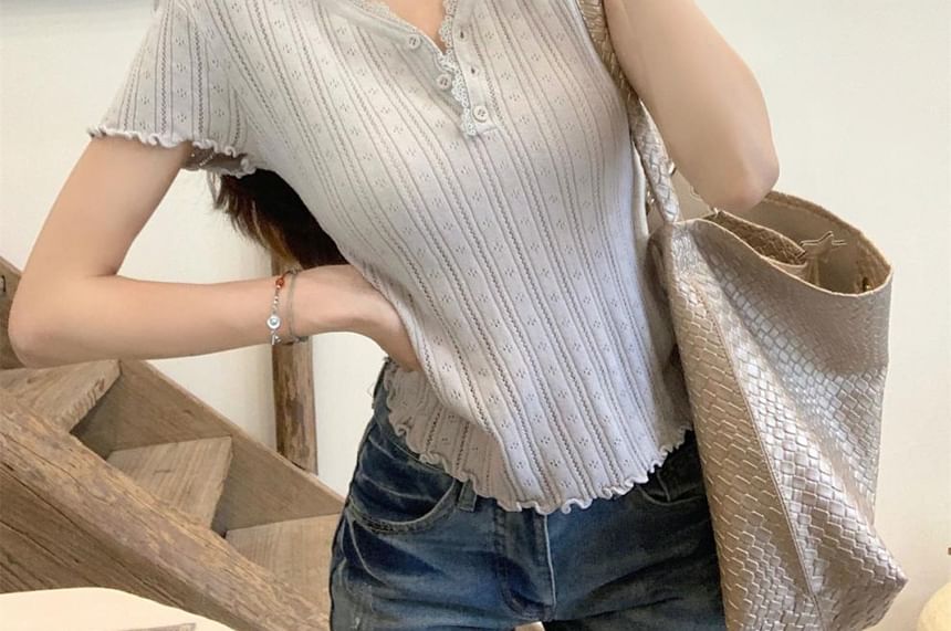Short-Sleeve V-Neck Henley Lace Trim Plain Crop Top