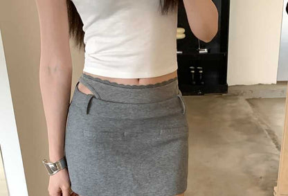 Mock Two-Piece Low Waist Plain Mini Pencil Skirt