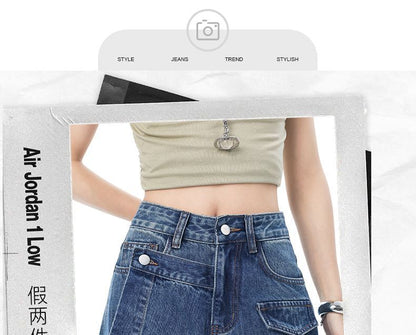 Mid Rise  Skirt Overlay Washed Barrel Leg Baggy Jeans (Various Designs)