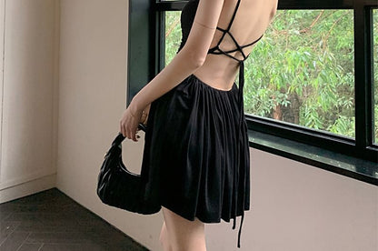 Spaghetti Strap Plain Backless Mini A-Line Dress