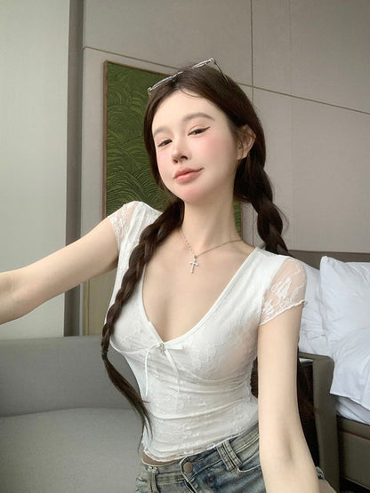 Short Sleeve V-Neck Solid Lace Trim Cropped Top