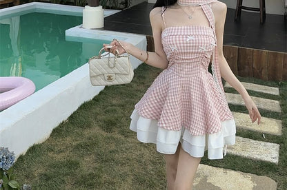 Spaghetti Strap Plaid Lace Trim Mini A-Line Dress