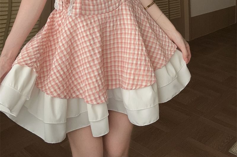 Spaghetti Strap Plaid Lace Trim Mini A-Line Dress
