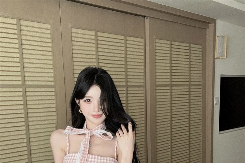 Spaghetti Strap Plaid Lace Trim Mini A-Line Dress
