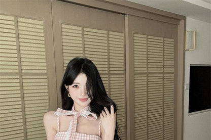 Spaghetti Strap Plaid Lace Trim Mini A-Line Dress