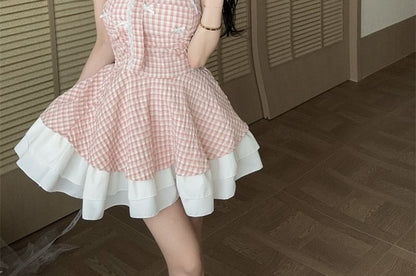 Spaghetti Strap Plaid Lace Trim Mini A-Line Dress