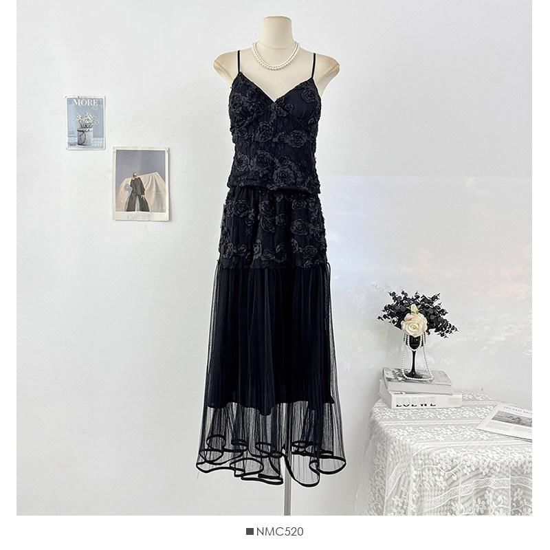 Set: V-Neck Lace Camisole Top + High Waist Maxi Skirt