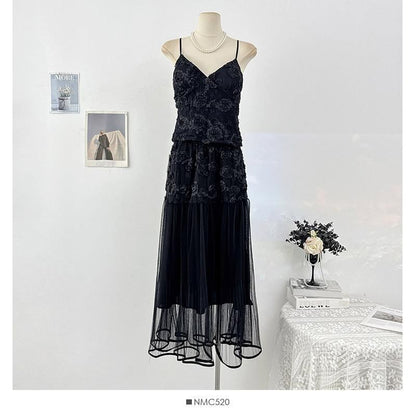 Set: V-Neck Lace Camisole Top + High Waist Maxi Skirt