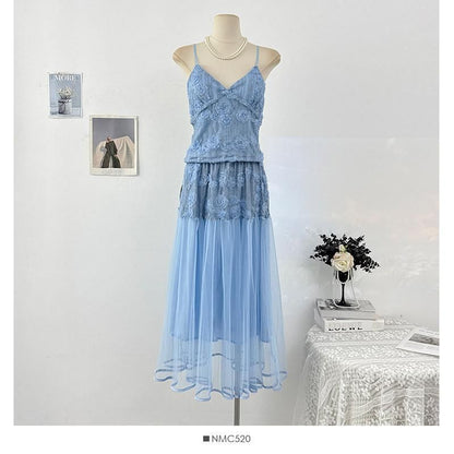 Set: V-Neck Lace Camisole Top + High Waist Maxi Skirt