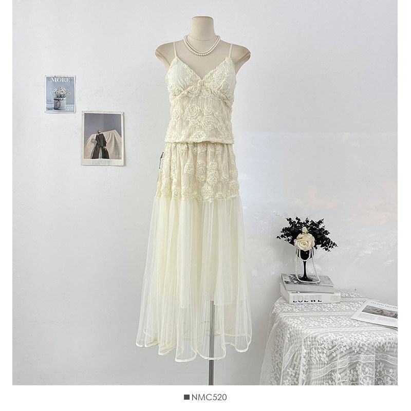 Set: V-Neck Lace Camisole Top + High Waist Maxi Skirt