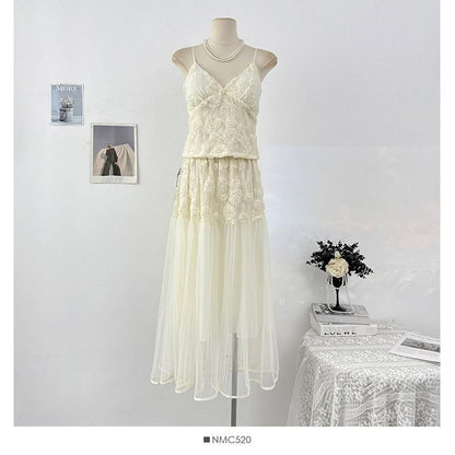 Set: V-Neck Lace Camisole Top + High Waist Maxi Skirt